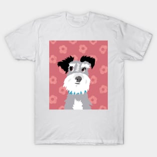 Salt and Pepper Miniature Schnauzer on Pink Daisy Background T-Shirt